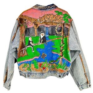 Vintage Designer Ton Sur Ton Paris 80s Jean Jacket Hand Painted Embellished XL